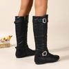 Fashion Metal Buckle Flat Single Boots Autumn New Round Toe Side Zipper Soft Sole Anti-Slip Wear-Resistant Tall Boots