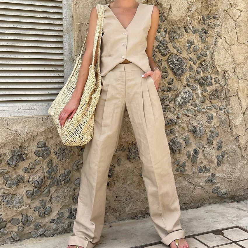 Costum de vară din bumbac și in, fără mâneci, vestă vestă vestă pantaloni, costum pentru femei 1116 Nouă modă casual europeană și americană, piesă vestimentară din două piese pentru femei
