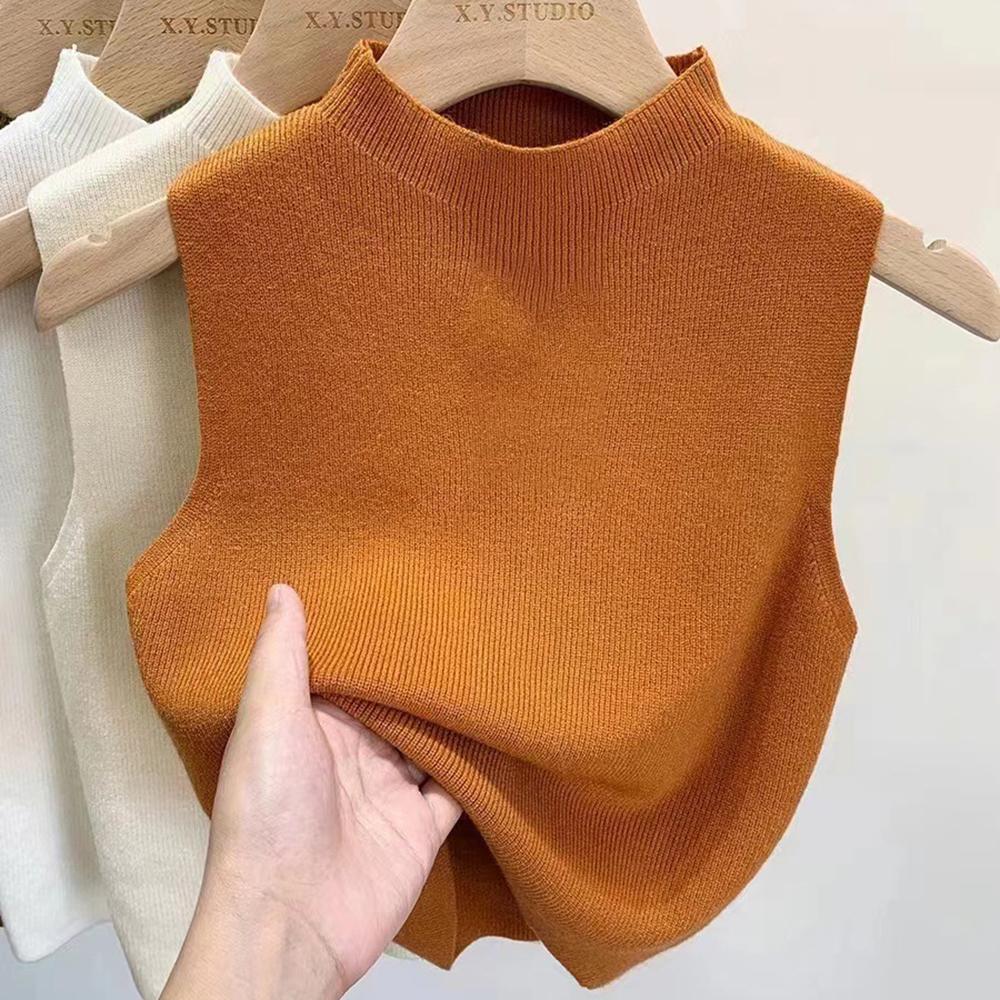 Women's Vest Tank Solid Color Knitted Tees Cropped Camisole Sweater Half-turtleneck Spring Autumn Sleeveless