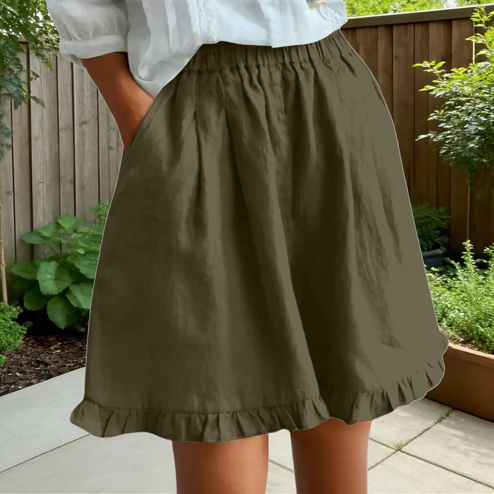 

Women s Fashionable Ruffle-Trimmed Drawstring Elastic-Waist Wide-Leg Casual Shorts L армия зеленый