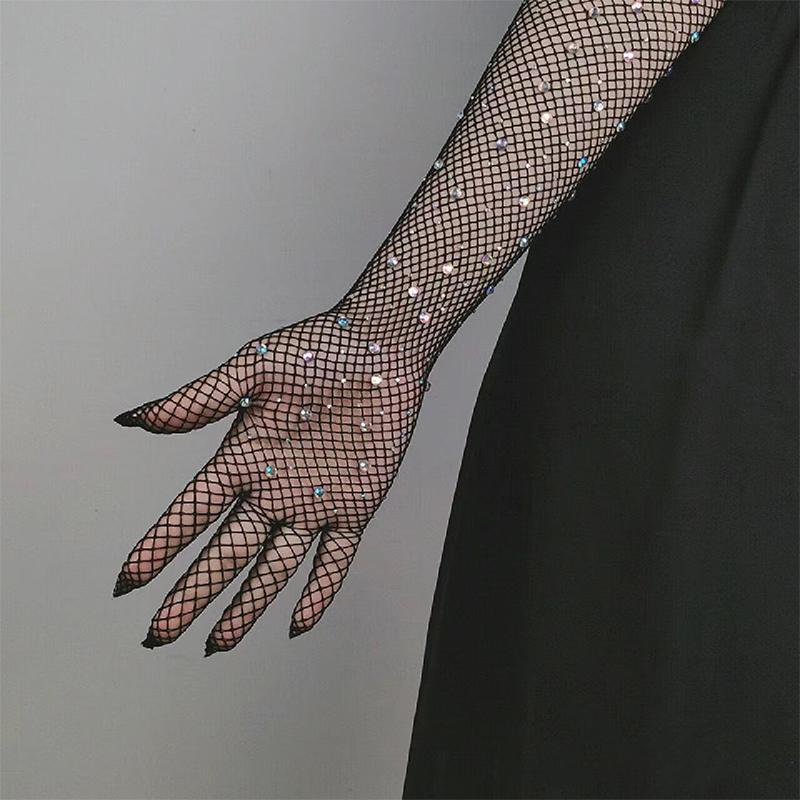 Women'S Fashionable Hot Diamond Sparkling Mesh Fishing Net Elastic Gloves