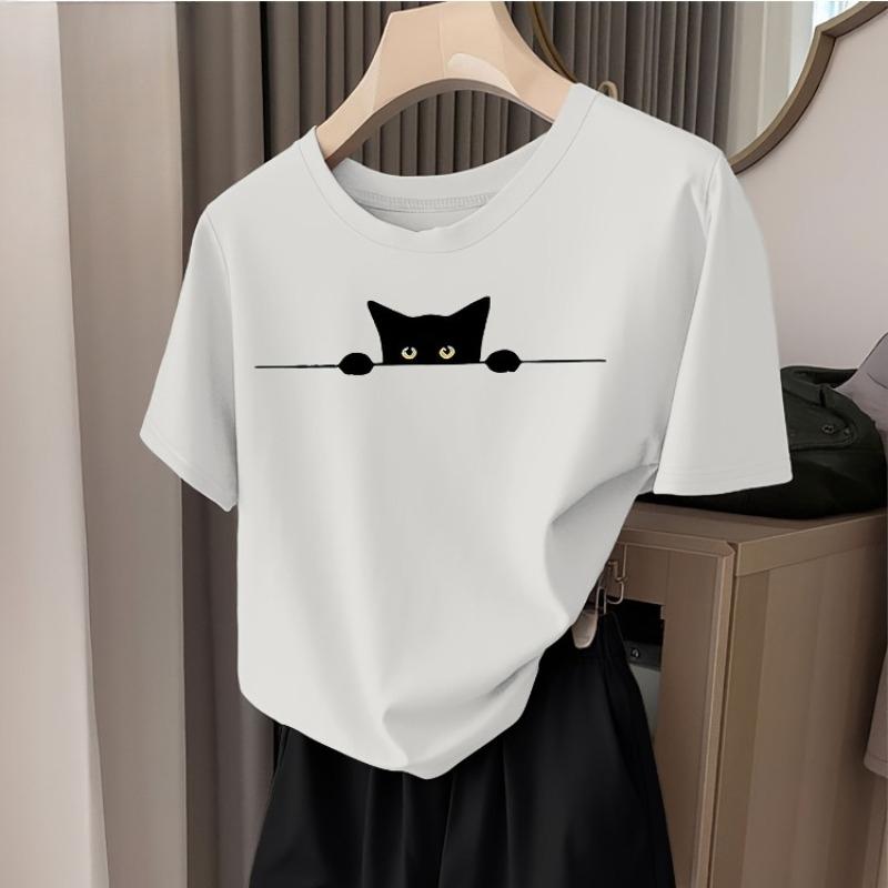 Black Cat Peeping Printed Women Casual Round Neck Short Sleeved Cat Printed Cotton Tshirt Fashionable and Comfortable Shirt