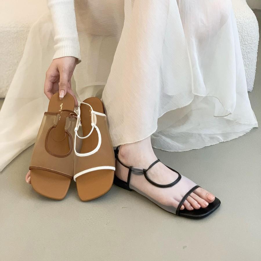 Fashion Summer New Square Toe Open Toe Lace-Up Slippers Fashion Shallow Mouth Roman Breathable Mesh Flat Sandals Women