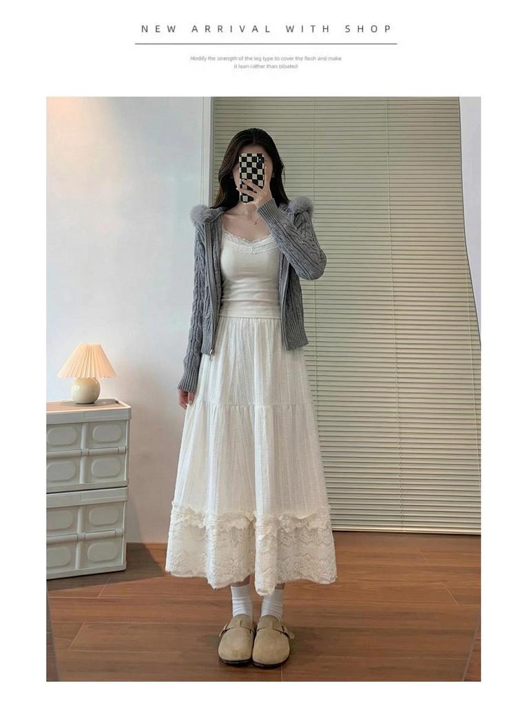 Women's White Lace High Waist A-line Umbrella Skirt - Mid-length Flare for Tall Figures