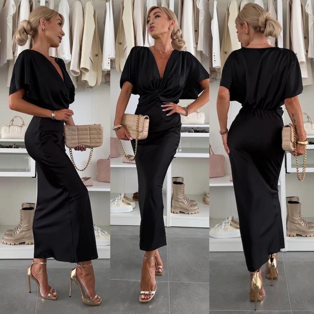 2025 Spring/Summer Satin Twist Bust Batwing Sleeve Dress for Women