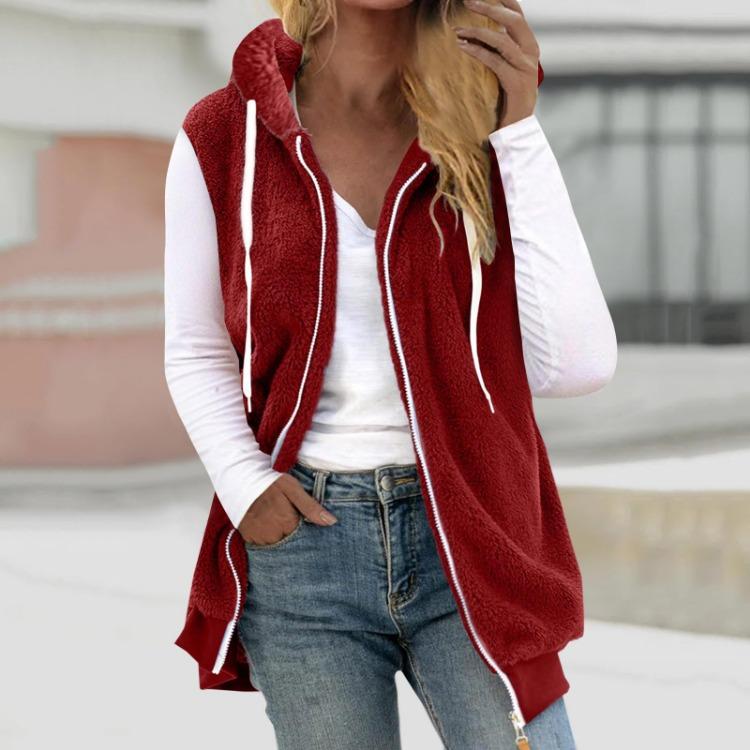 Warm Plush Vest Jacket Womens Fashion Sleeveless Hooded Zipper Pocket Solid Color Loose