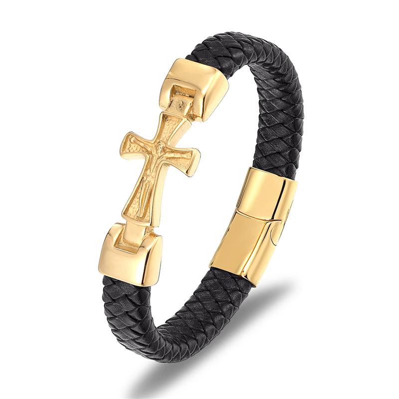 Classic Mens Leather Bracelet Stainless Steel Religious Bangles for Men Women The Cross of Jesus Catholic Jewelry Gifts