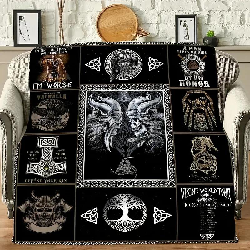 1pc Viking Splicing Print Flannel Blanket, Soft Cozy Throw Blanket Nap Blanket for Bed Office Home Birthday Holiday Gift Blanket