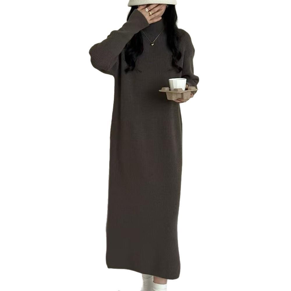 Solid color versatile semi-turtleneck knitted dress women's autumn and winter new loose inner matching coat sweater long dress