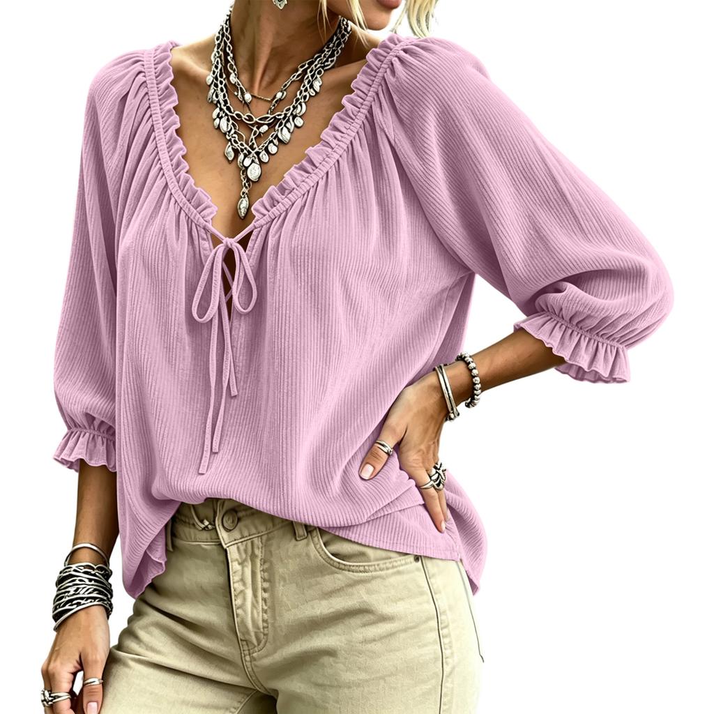 Women's Corduroy V-Neck Long Sleeve Top with Tie Front and Ruffle Trim