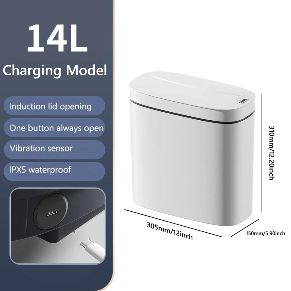14L Automatic Trash Bin with Lid Intelligent Touchless Trash Can IPX5 Waterproof Electric Garbage Bin for Narrow Space Bathroom