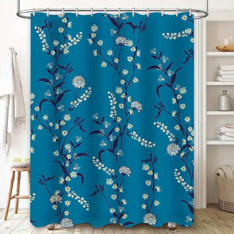 Modern Floral Print Shower Curtain Fabric Waterproof Bathroom Decor Dark Blue White Color 3D Printing Flowers Printed Customized