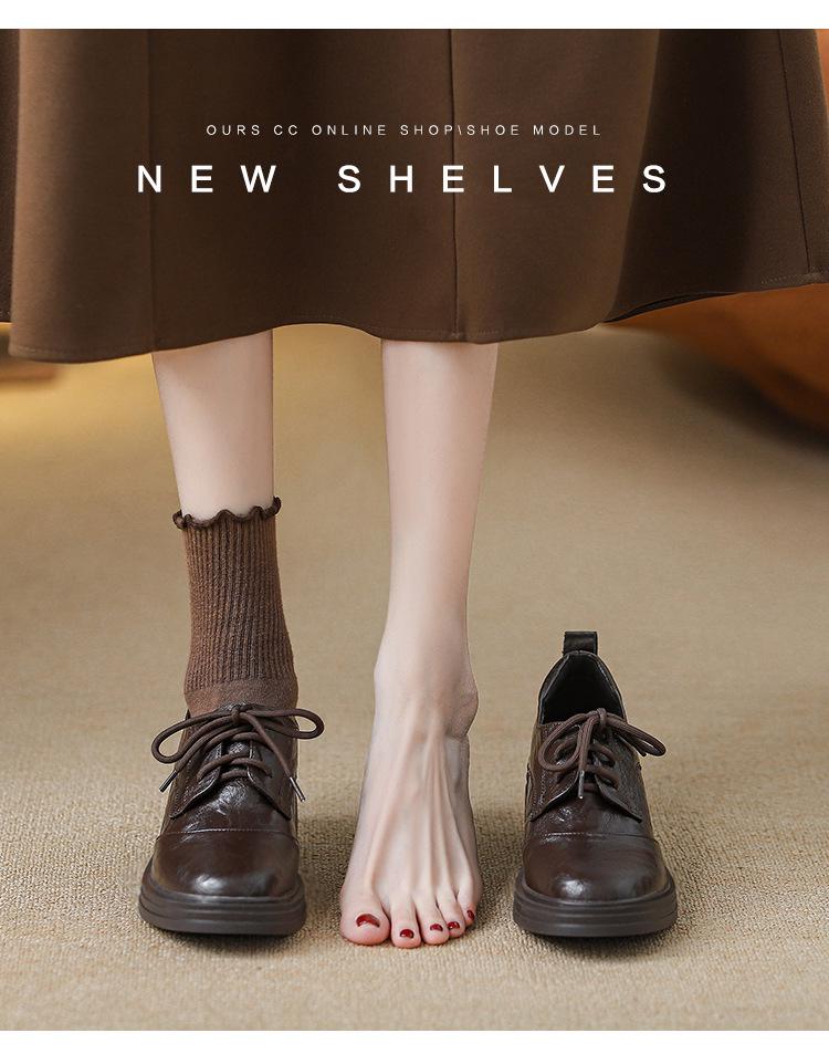 Damen Lammleder Retro Klobige Absatz Slipper mit dicken Sohlen und runder Zehenpartie, 2025 Schnürdesign, Britischer Stil.