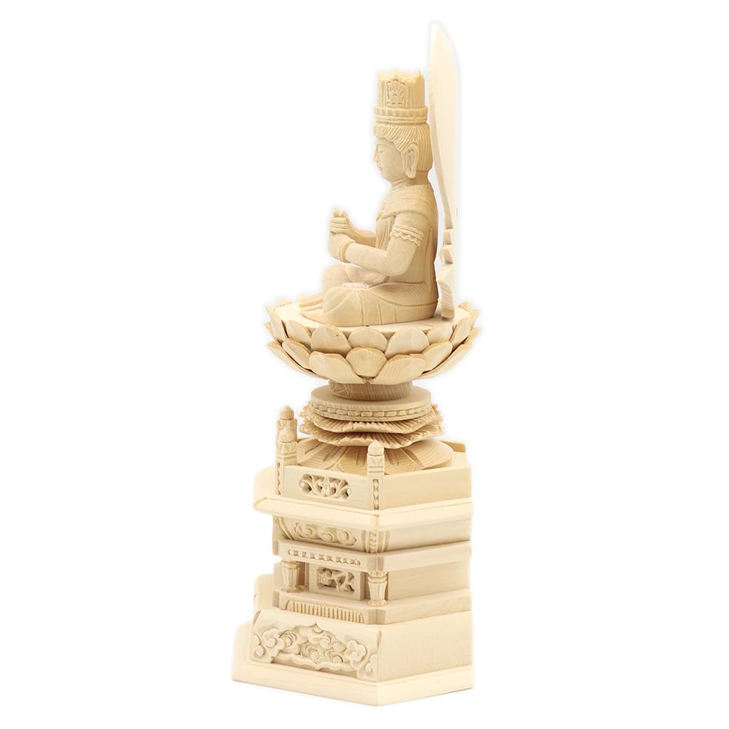 special Buddhist statue Dainichi Nyorai seated statue inches height 23 width depth carved Japanese cypress wood with a sun halo and hexagonal base