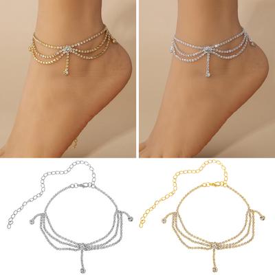 Bracelet de cheville à breloques avec pompon incrusté de strass, multicouche, chaîne étendue, décoration réglable, antirouille, 1 pièce