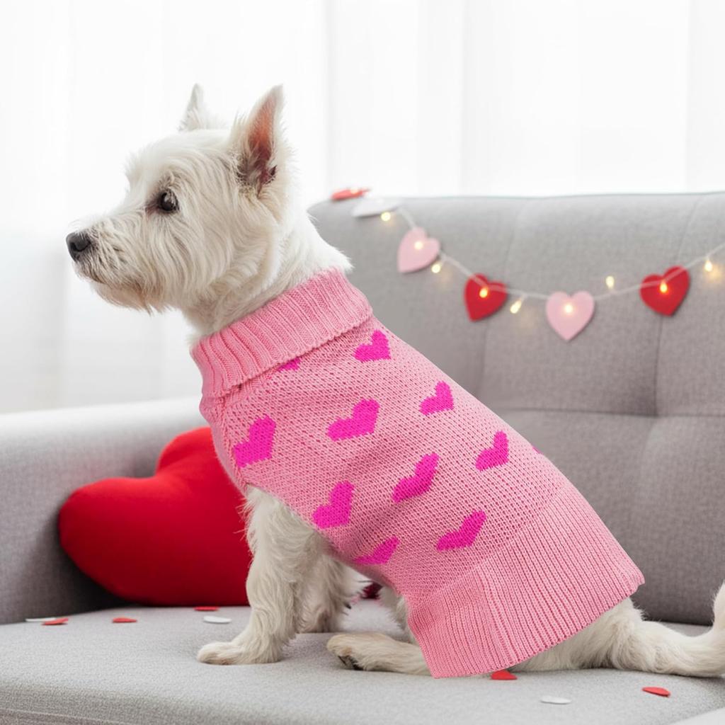 Small Dog Sweater Dress Heart Puppy Sweater Dog Knitted Clothes with Leash Hole Turtleneck Pullover Warm