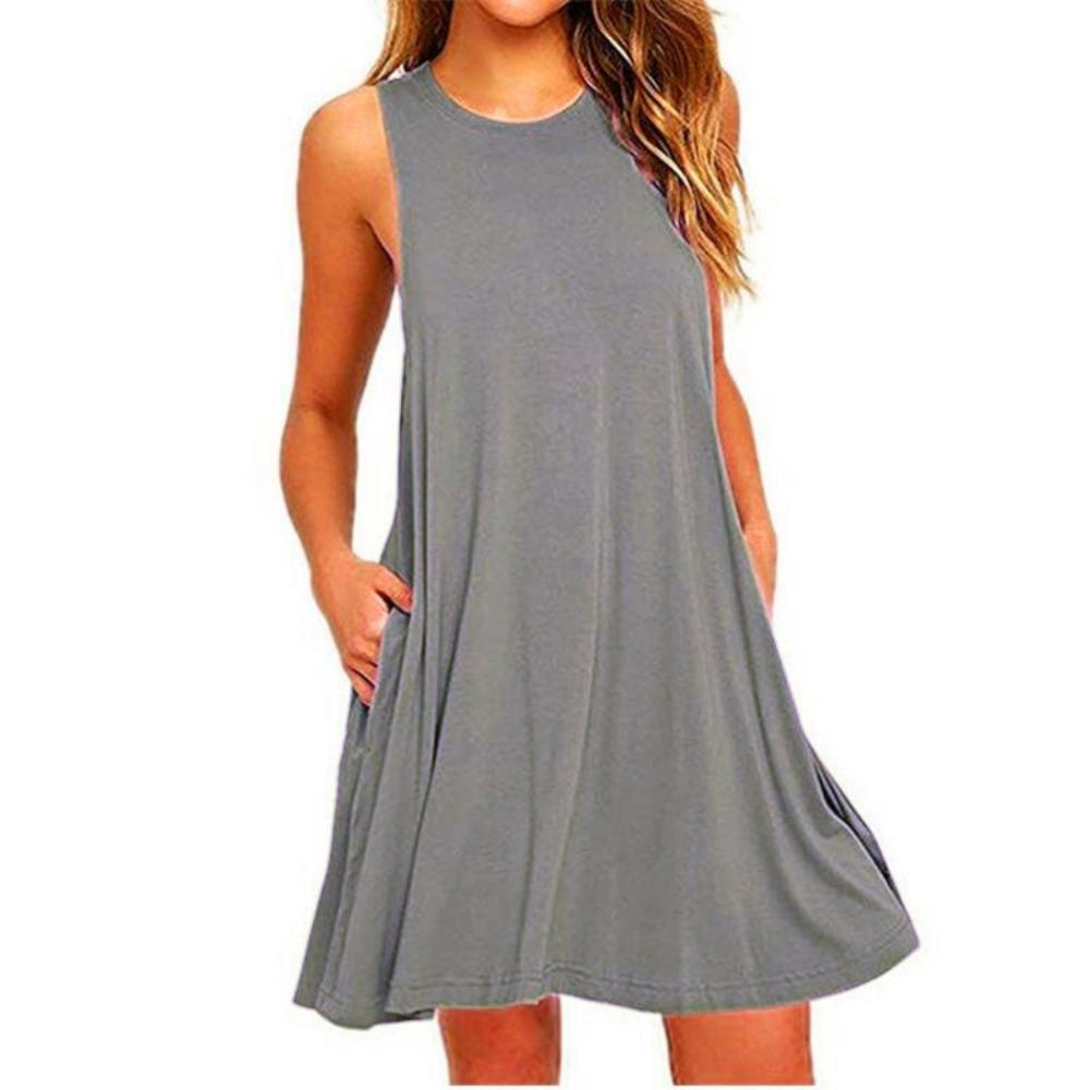 With  Solid Color Sleeveless Loose Dress Women O Neck Mini Causal Dress Office Club Party Vestidos