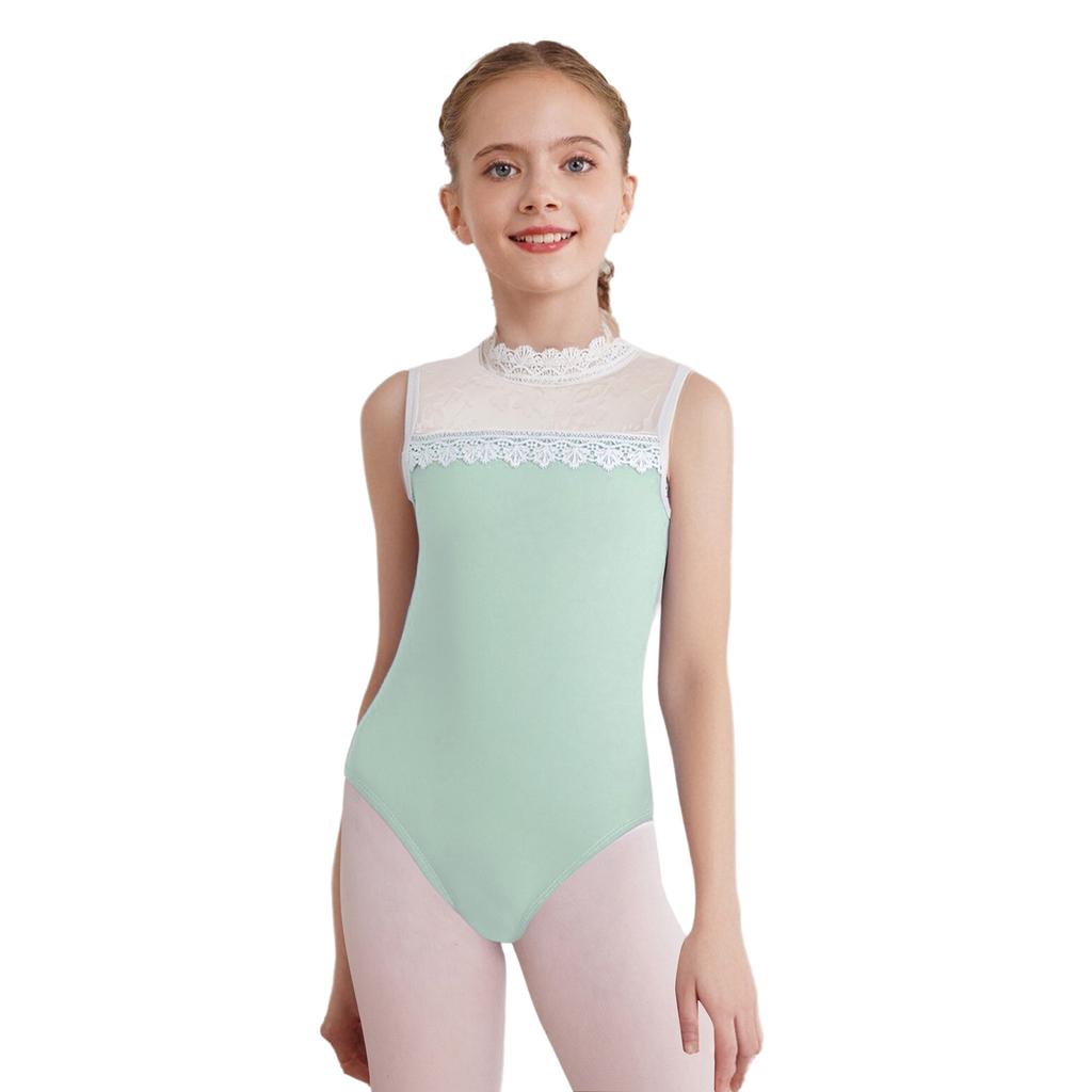 Girls Gymnastics Bodysuit Delicate Lace Collar Sheer Mesh Patchwork Design Sleeveless Leotard