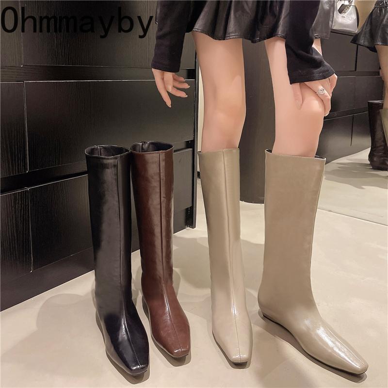 Luxury Designer Square Toe Women Knight Boots Elegant Female Wedges Low Heel Long Booties  De Mujer