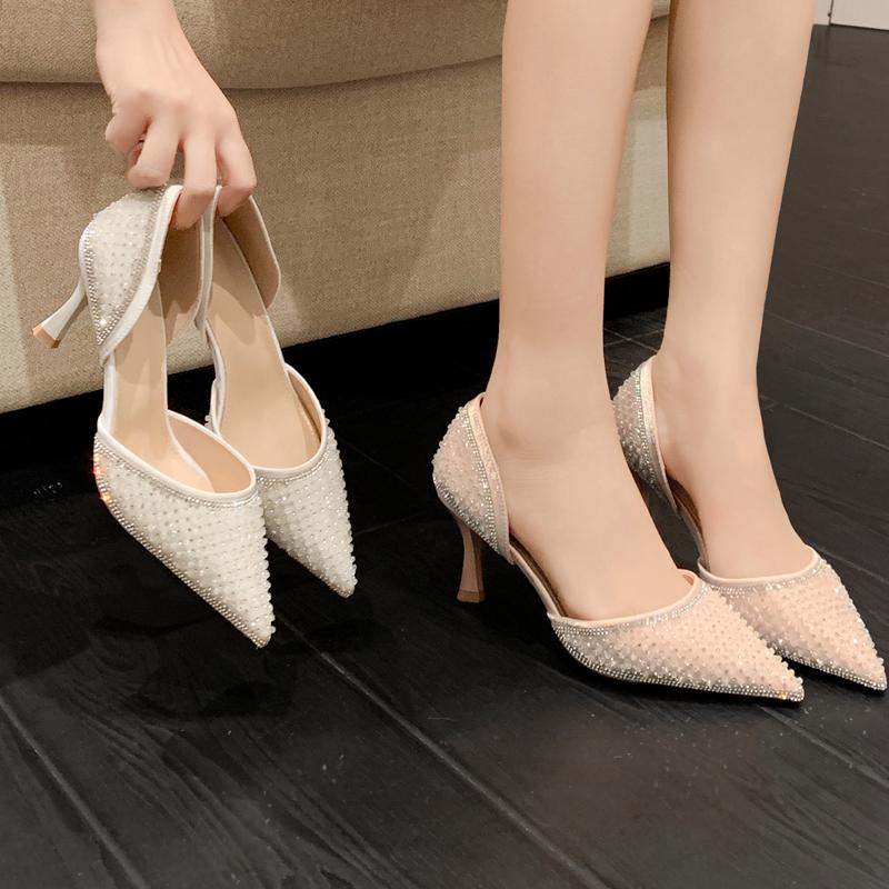 Sandale de vară pentru femei, pantofi cu toc înalt, cu vârf ascuțit, 7 cm, elegante, pentru femei, pantofi simpli