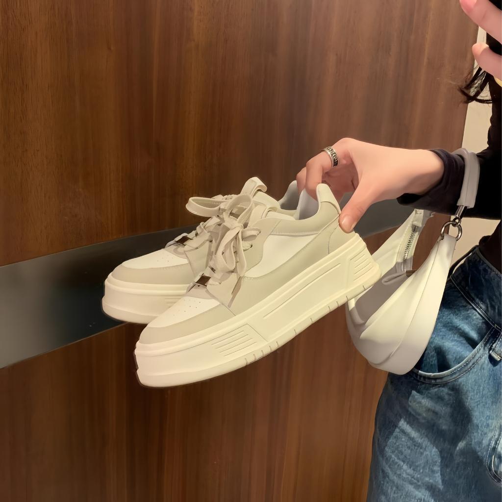 Cowhide~ Genuine Leather Little White Shoes Women's Round Head Color Matching Muffin Thick Sole Height Increase Casual Sports Shoes Versatile Lace-u