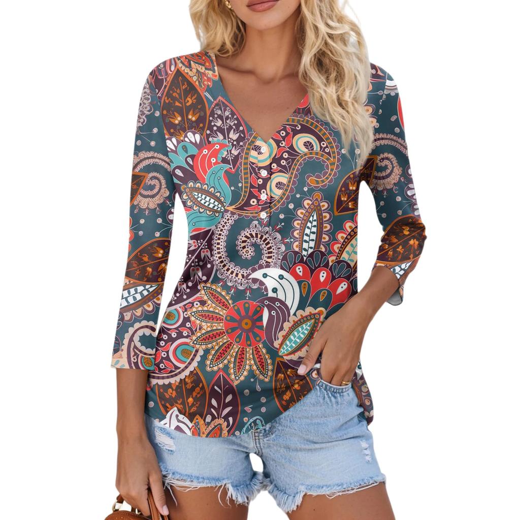 Women's Casual Fashion Sexy Comfortable V-Neck Button Floral Three-quarter Sleeve Top