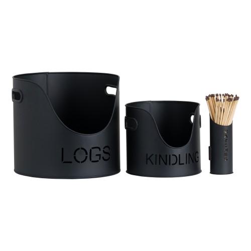 Hill Interiors Black Three Piece Fire Wood Bucket Set One 32Cm