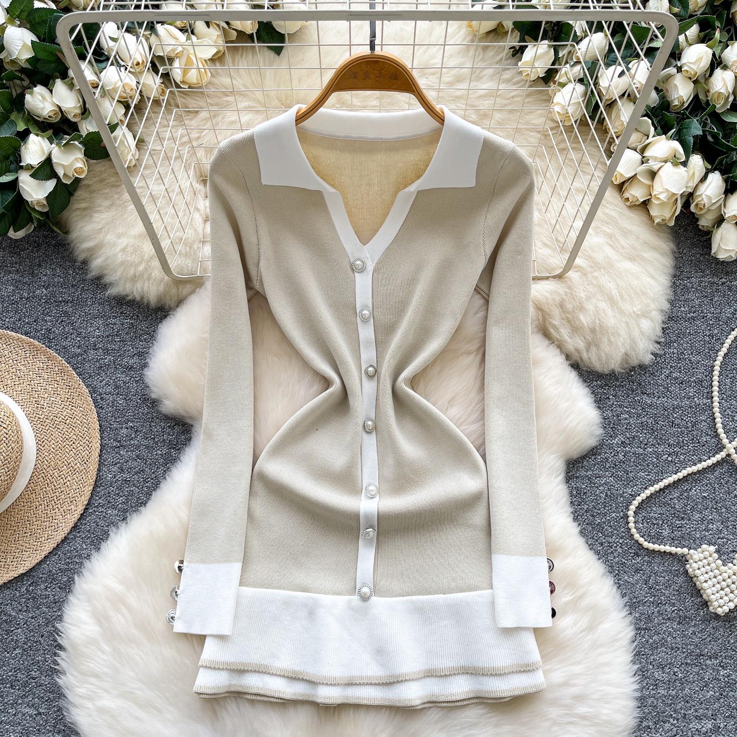 Chic Elegant Long Sleeve Single Breasted Knit Dress Elegant Korean Fashion Vestidos Dress  Women Clothing One Size абрикосовый