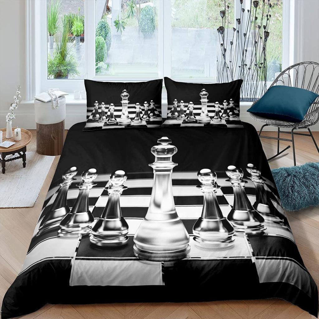 International Chess Duvet Cover Set Queen Size Chess Lovers Bedding Set for Boys Adults Microfiber Black Base 2/3pcs Quilt Cover