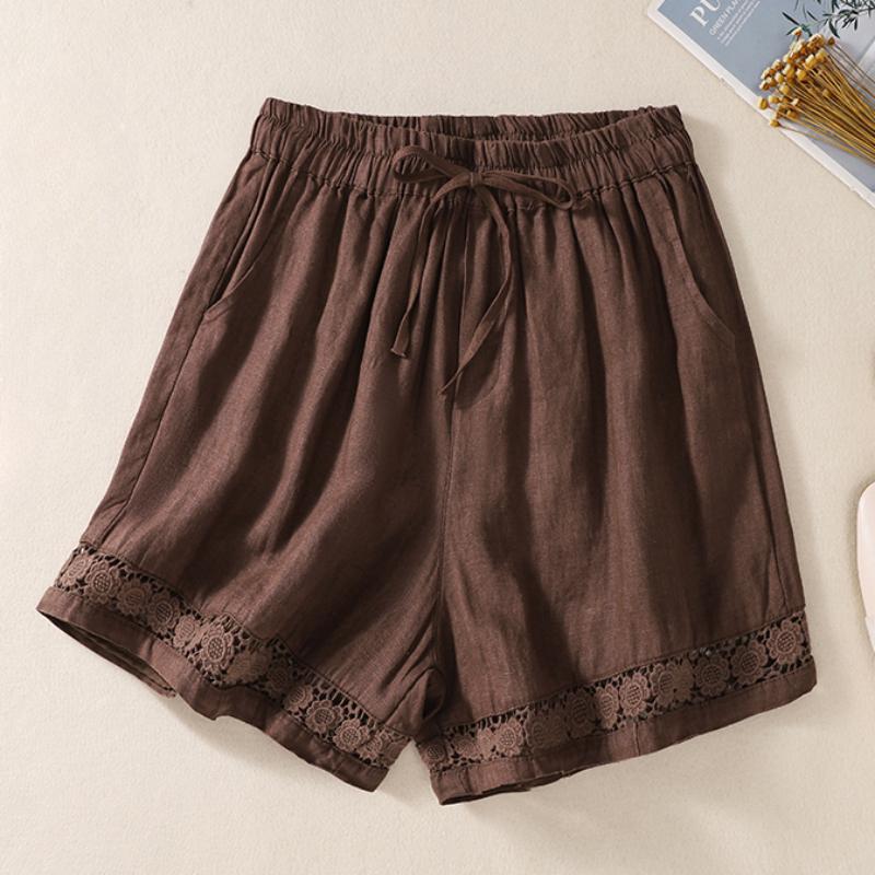 Casual Solid Linen Lace Floral Summer Short Pants Loose Elastic Waist Boho Beach Wear Shorts Women Bottom