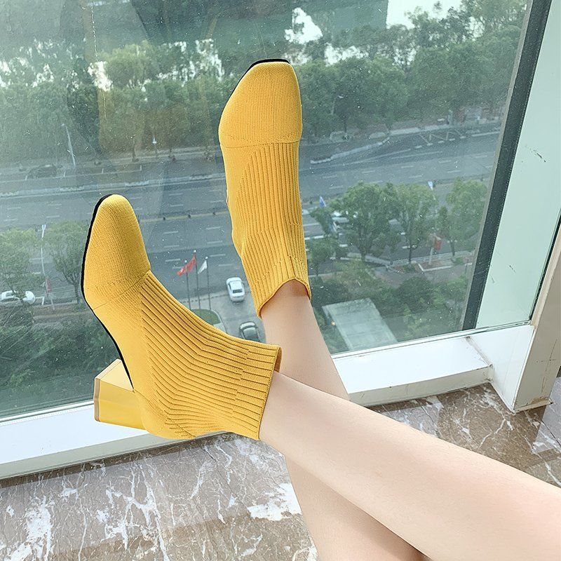 Fashion Booties Knit Elastic Elegant With Medium Heels Women's Ankle Boots Yellow Chic High Quality New In Hot Sale Female Short Shoes