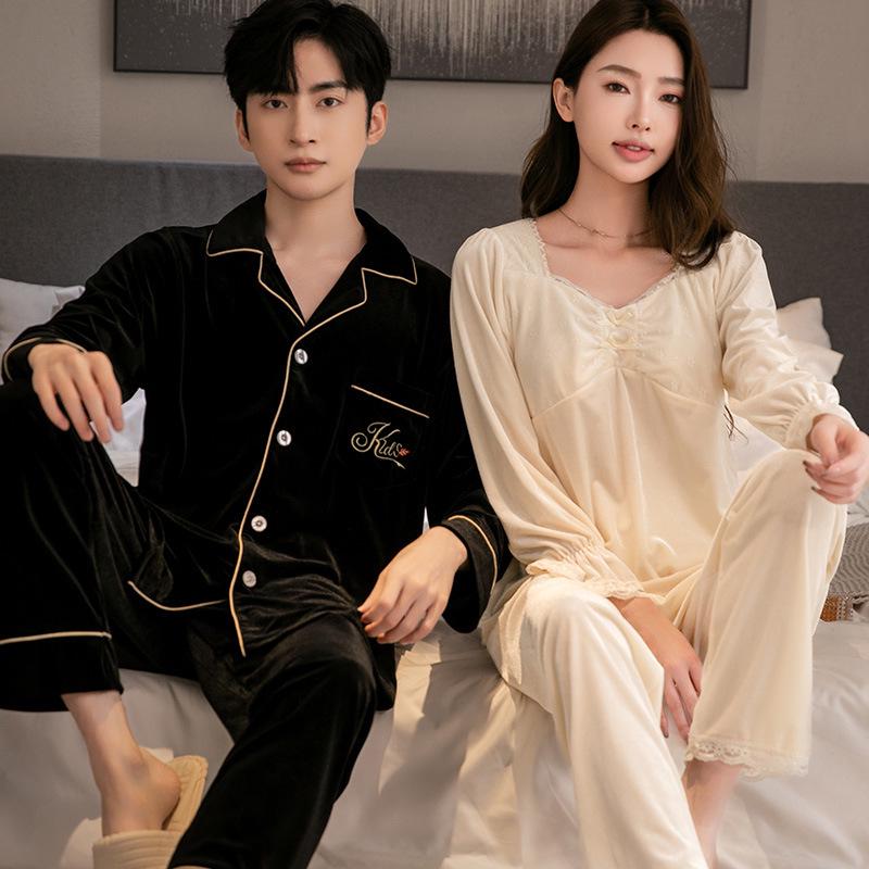 

Парные пижамы 2025: Женский золотой бархатный лонгслив и мужской флисовый домашний костюм в корейском стиле Men s XL