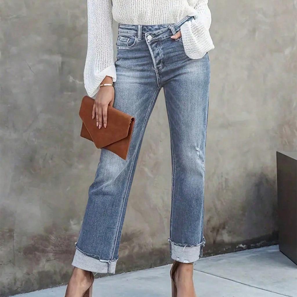 Ladies' Solid Color Casual Versatile Mid Waist Straight Leg Denim Straight Leg Jeans With Fringed Edges