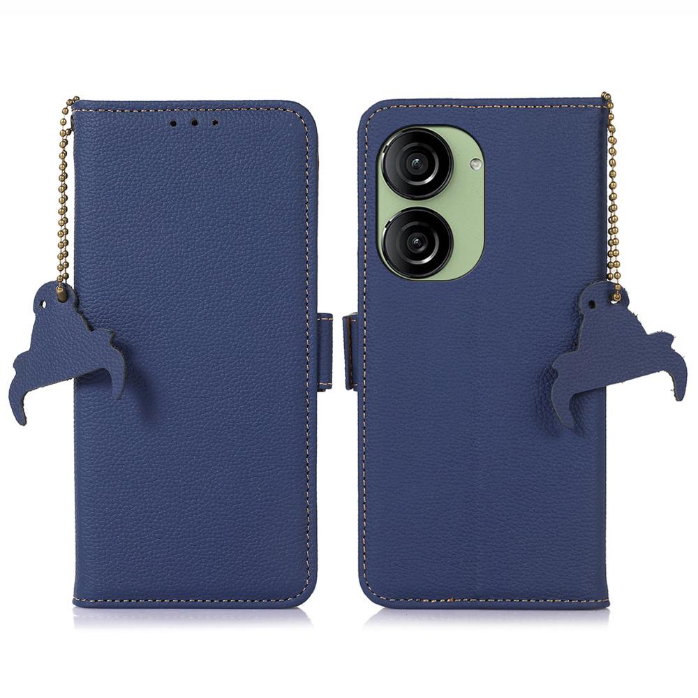 

For Asus Zenfone 10 5G RFID Blocking Genuine Cow Leather Phone Case Litchi Texture Stand Wallet Cover Sapphire
