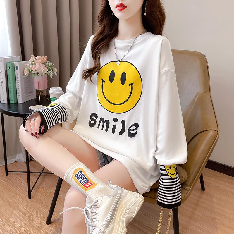 Spring Autumn O Neck Fashion Printing Striped Patchwork T-shirt Women Long Sleeve Loose Casual Bottomed Tee Top