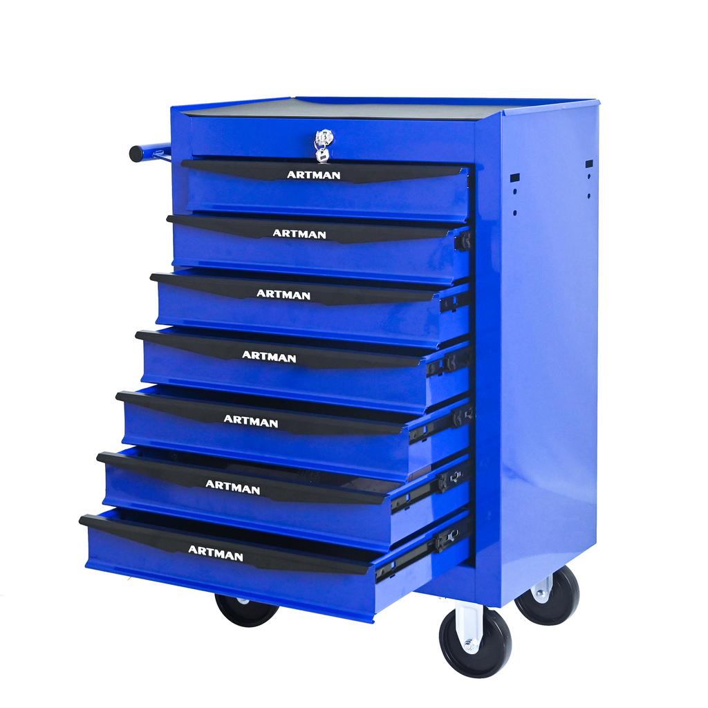 Mobile metal tool cabinet with 7 drawers, 508 mm (20 inch) and ball-bearing drawer slides, organizing steel tool box – black-blue