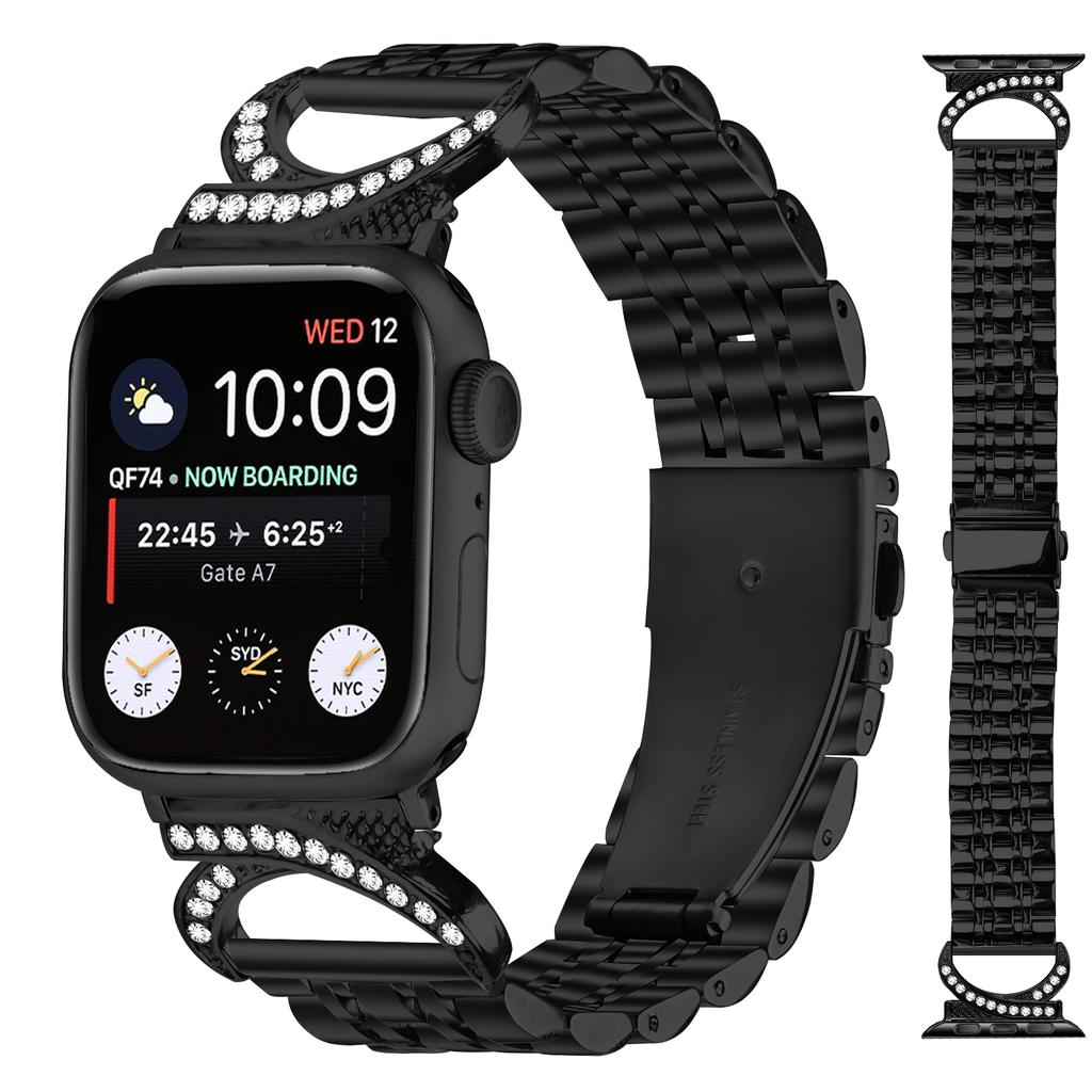 Watch Strap for Apple Watch Series 11 10 42mm/9 8 7 41mm/SE3 SE2 SE 6 5 4 40mm/3 2 1 38mm Stainless Steel Band with Rhinestone Ox Horn Style Connector