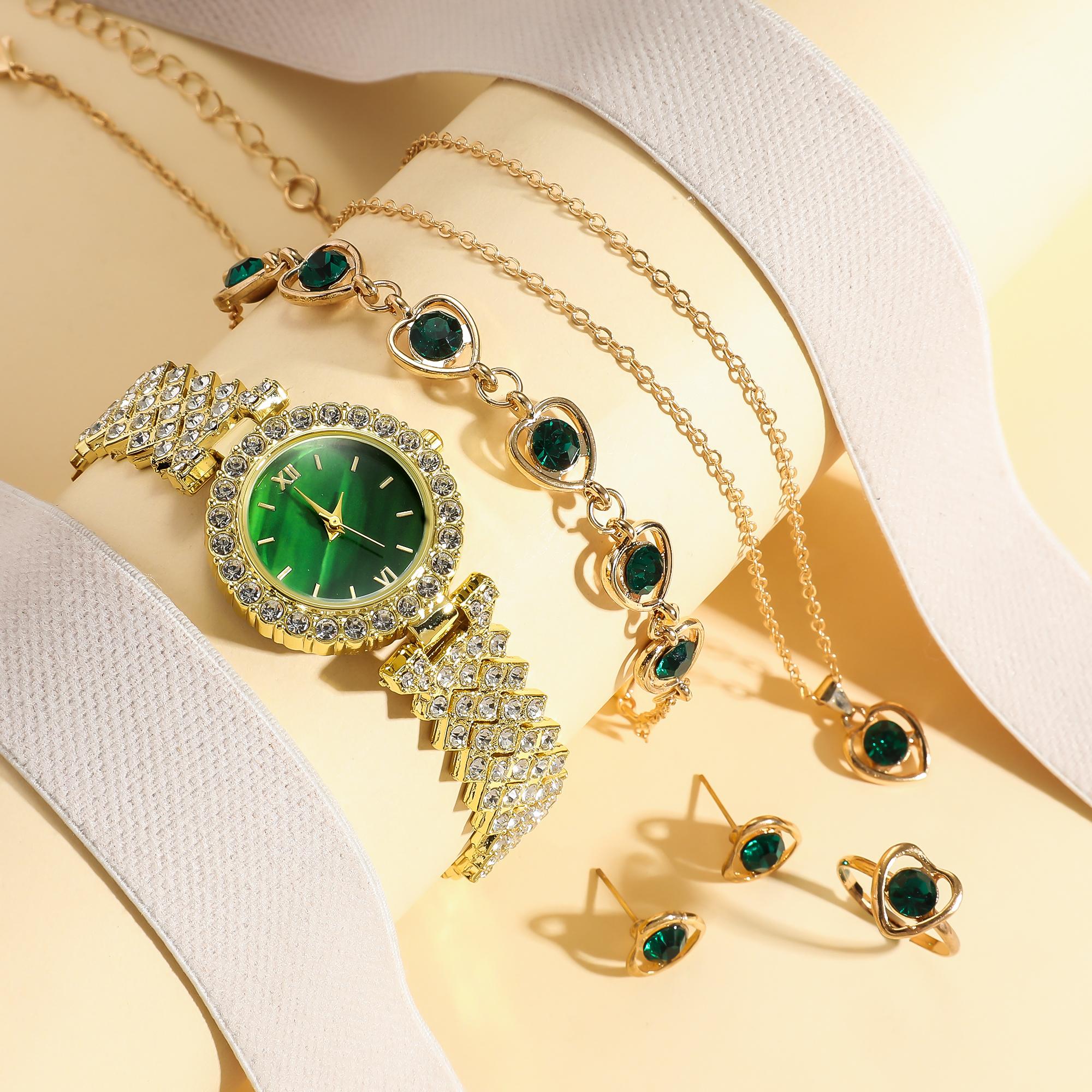 

Женские простые модные часы из стали с кварцевым механизмом и стрелочным циферблатом + набор браслетов Любовь с бриллиантами, 6 шт./компл. золотой