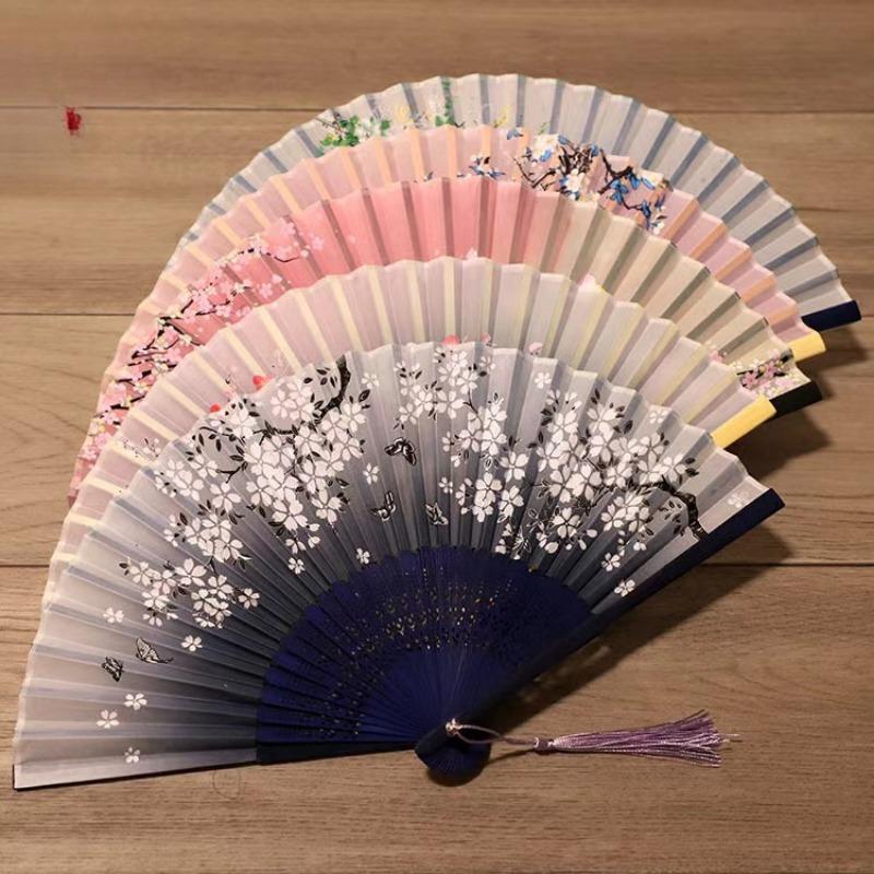 Chinese Japanese Flower Print Folding Silk Bamboo Fan Ornament Art Craft Gift Wedding Dance Performance Hand Fan