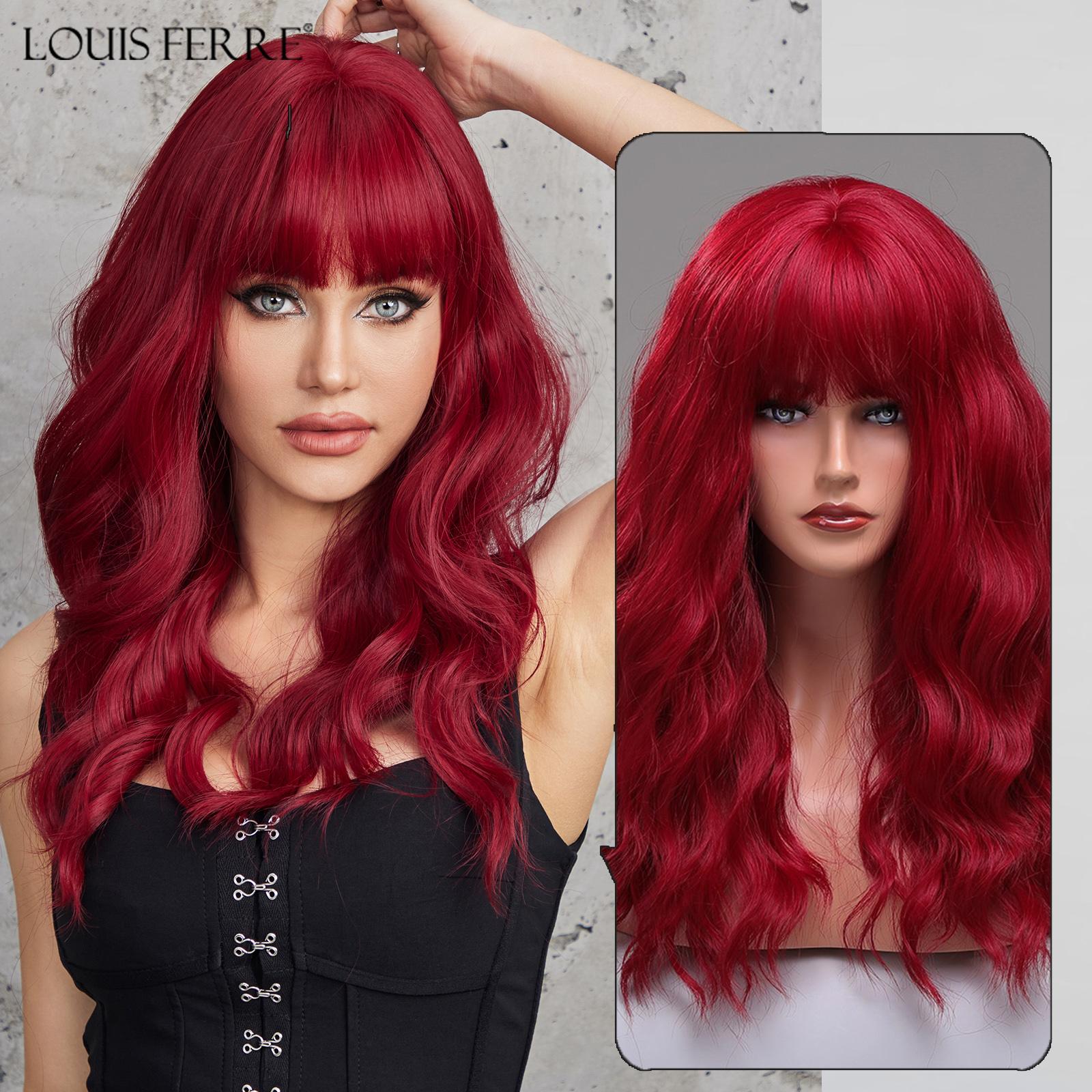 

ALAN EATON Довга хвиляста перука Червона з довгим чубчиком Синтетичні перуки темного кореня для жінок Косплей Вечірка Термостійкі