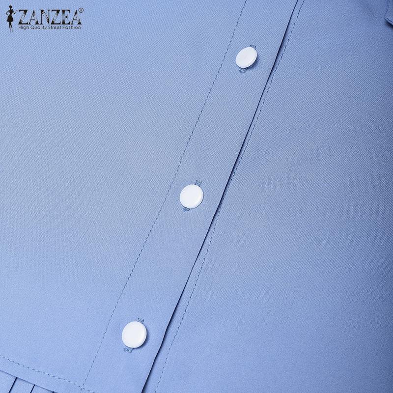 ZANZEA Women Casual Round Neck Loose Long Sleeve Pleated Long Dress