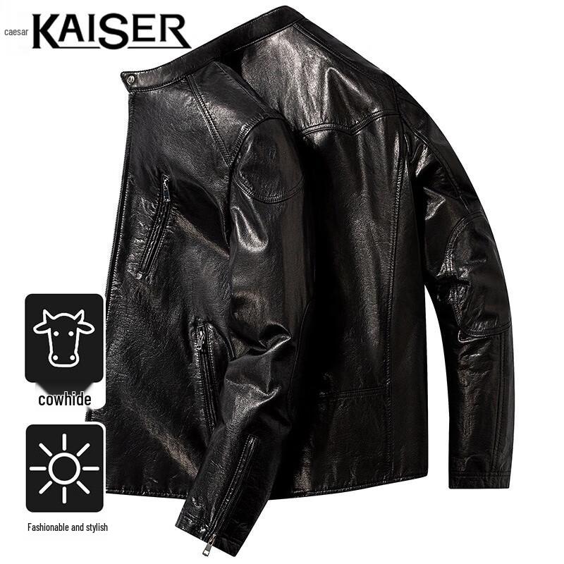

KAISER Men s Real Leather Stand Collar Motorcycle Jacket L