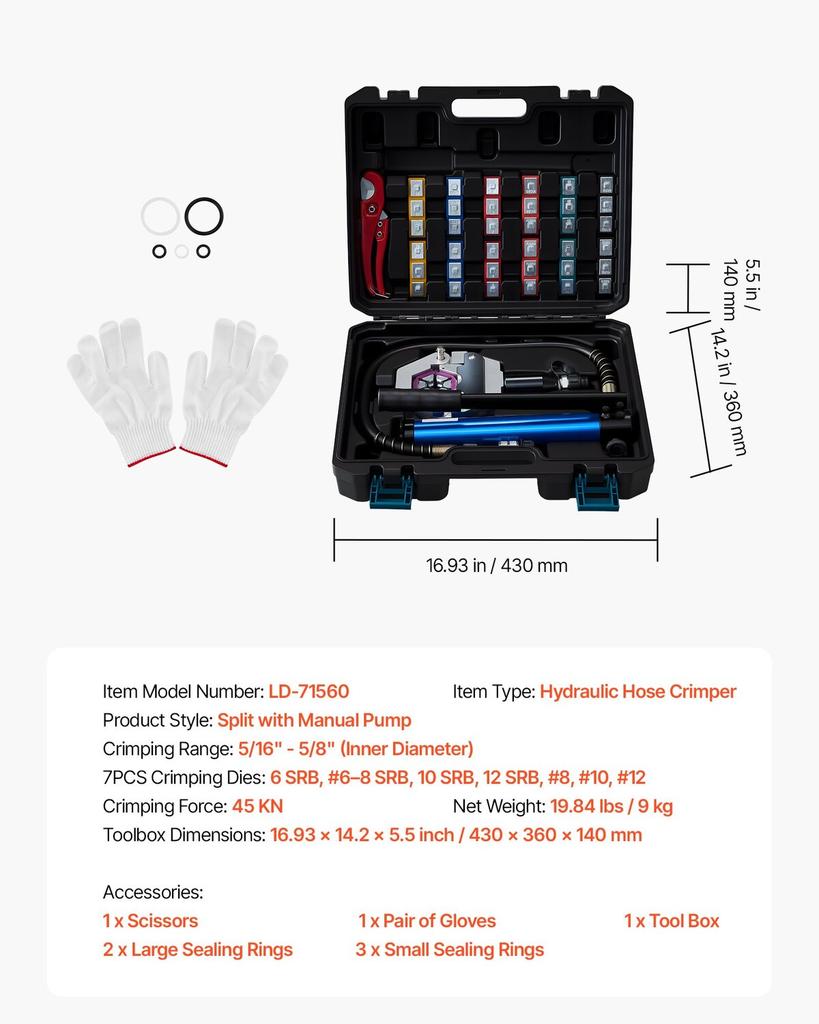 Hydraulic Hose Crimper, Hydra-Krimp AC Hose Crimper Kit with 7 Dies Snap-On & Carrying Case, Hydraulic A/C Hoses Crimping Tool for Automotive & Air