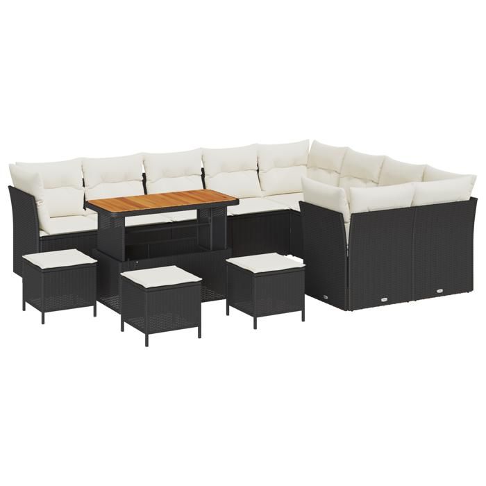 Ensemble de canapé de jardin 13 pièces avec coussins Noir Rattan PE Acacia, Ensemble de salle à manger de jardin 4 pièces 3363480
