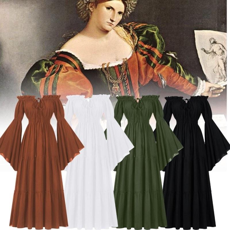 Bare Boat Neck Shoulder Ruffled Long Sleeves Renaissance Maxi Dress Cosplay Set