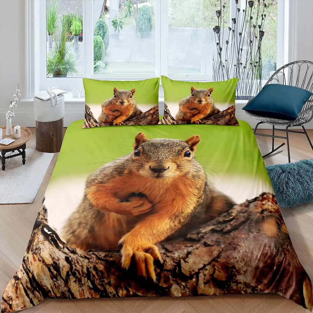 3D Squirrel King Queen Duvet Cover Lovely Animal Bedding Set For Kids Teens Adults Wildlife Green Leaves Soft 2/3pcs Quilt Cover