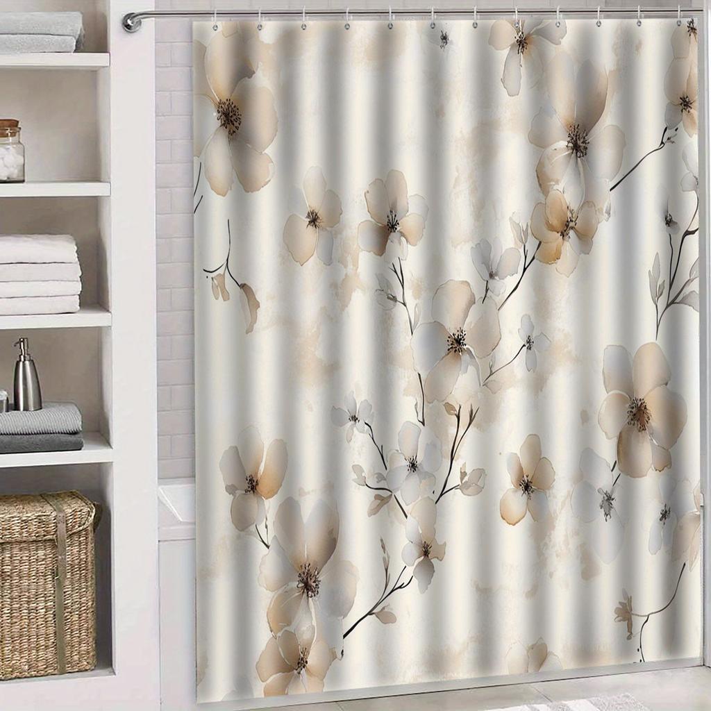 1Pc High Quality Floral Watercolor Shower Curtain - Beige And Honey Wheat Yellow Forest Theme, Machine Washable With Hooks