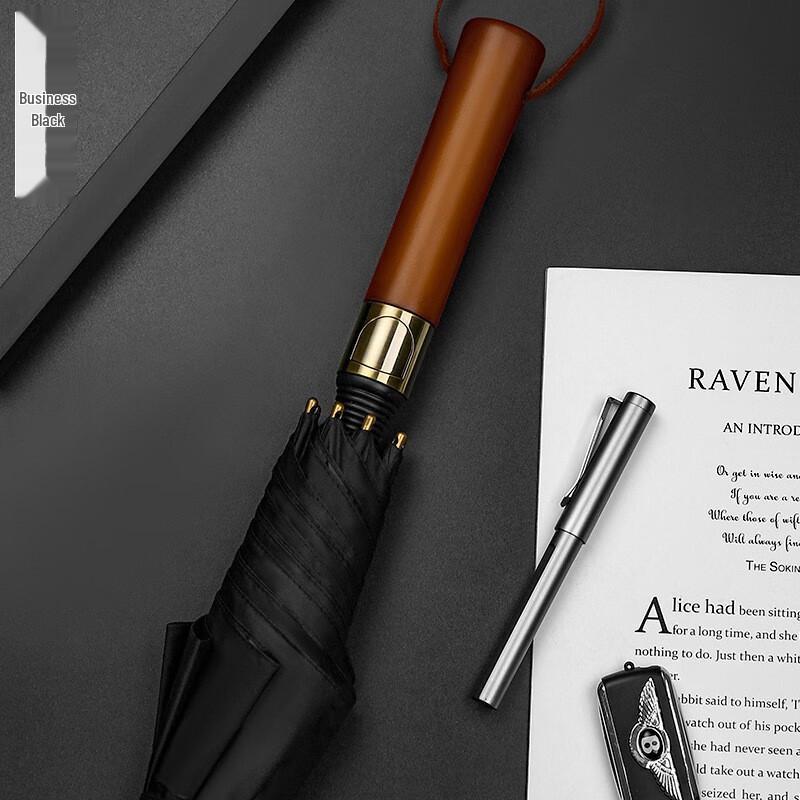 Large Men's Straight-Handle Black UV Rain Umbrella