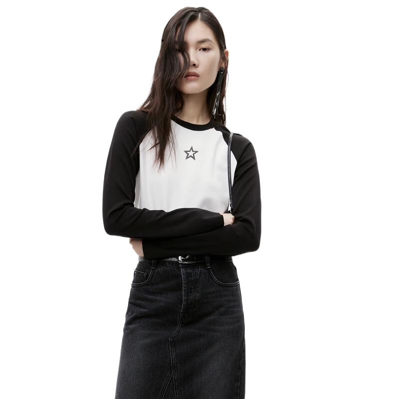 MO&Co. Star Print Contrast Raglan Long Sleeve Short T-shirt S