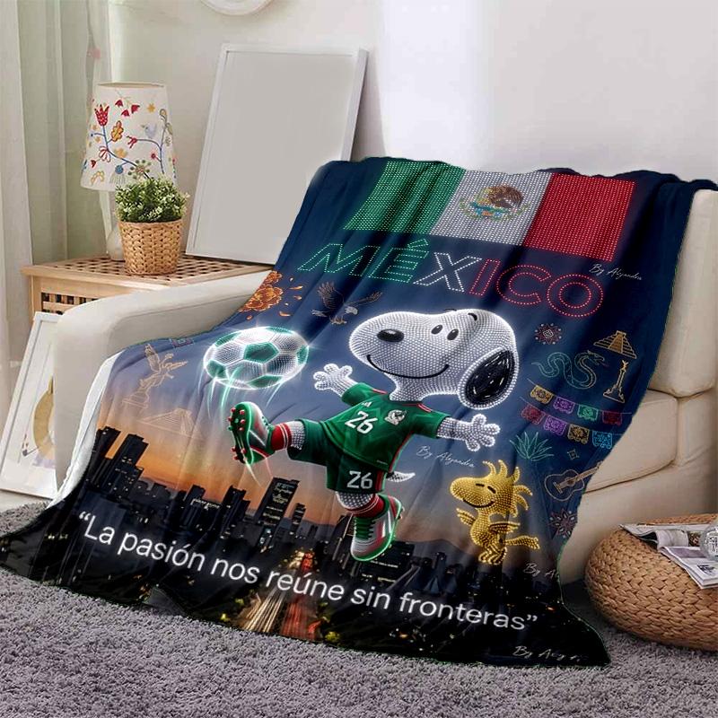 1pc Snoopy Mexico Soccer Flannel Blanket Soft Warm Throw Blanket for Bedroom Living Room Bed Travel Camping Picnic Gift. MT71501112